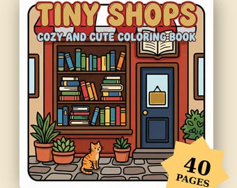 Livro de colorir "Lojinhas" com cenas aconchegantes de interiores e exteriores do seu bairro.