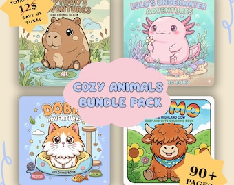 Pacote de Livros de Colorir Animais Aconchegantes: Cores Vibrantes e Fáceis para Crianças: Mais de 90 Páginas (4 PDFs em 1)