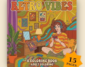 Livro de colorir para adultos Retro Vibes: Páginas sobre moda disco e design de interiores dos anos 70 e 80