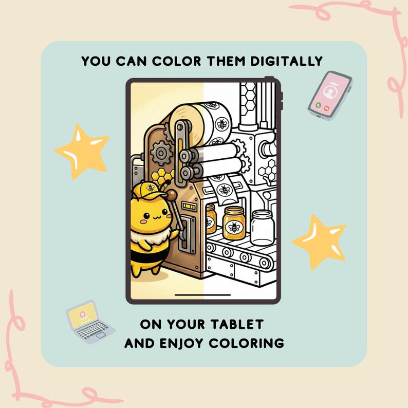 K&ouml;nnte beinhalten: Ein digitales Ausmalbild auf einem Tablet, das eine Honigabf&uuml;llmaschine mit einer Cartoon-Biene zeigt. Der Text lautet: "YOU CAN COLOR THEM DIGITALLY ON YOUR TABLET AND ENJOY COLORING."