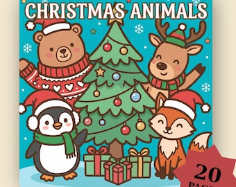 Livro de colorir com 20 páginas de animais natalinos simples: Linhas grossas e largas para crianças pequenas e em idade pré-escolar.