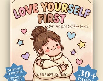 Livro de colorir e cartões de afirmação sobre amor próprio, com frases positivas para aliviar a ansiedade.