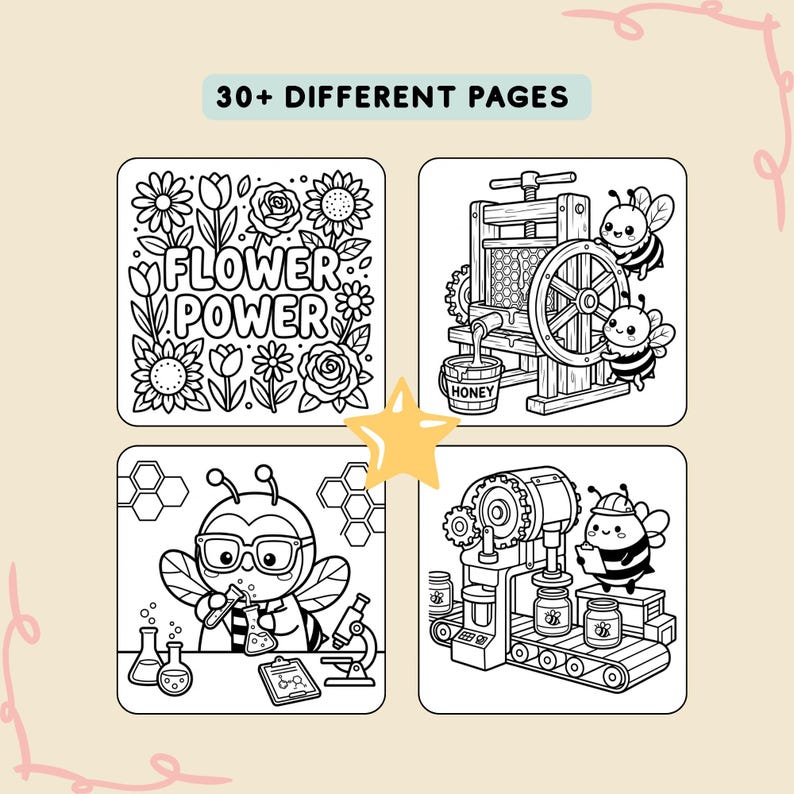 K&ouml;nnte beinhalten: Ein Schwarz-Wei&szlig;-Malbuch mit dem Text "30+ DIFFERENT PAGES". Das Buch zeigt vier Tafeln mit Illustrationen von Blumen, Bienen und Honigherstellungsmaschinen. Der Text "FLOWER POWER" ist ebenfalls sichtbar.