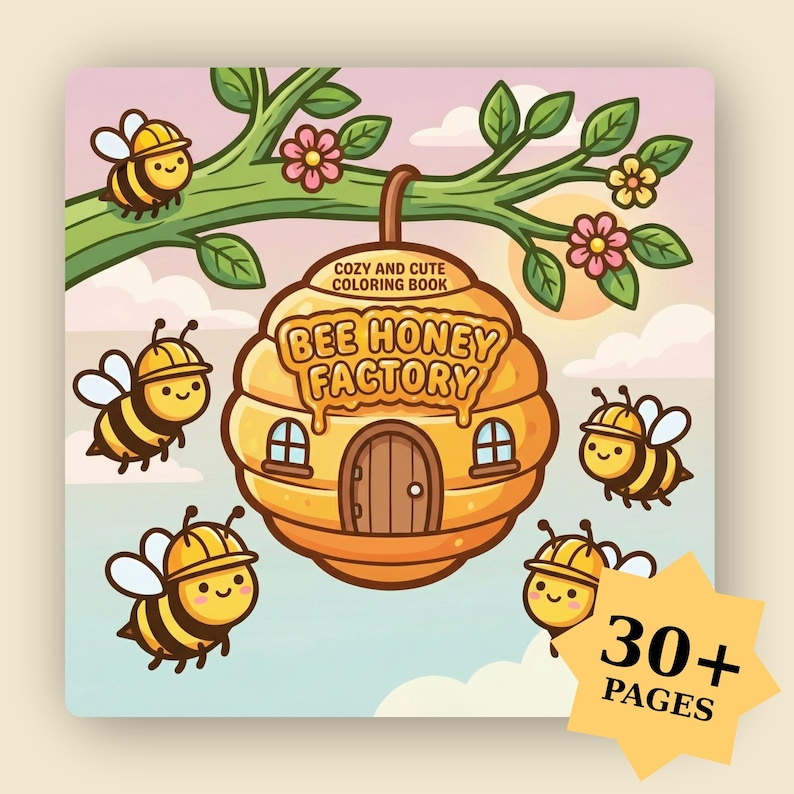 K&ouml;nnte beinhalten: Kinder-Malbuch-Cover mit einem Cartoon-Bienenstock und dem Text "BEE HONEY FACTORY". Das Cover zeigt auch Bienen, Blumen und den Text "COZY AND CUTE COLORING BOOK" und "30+ PAGES".