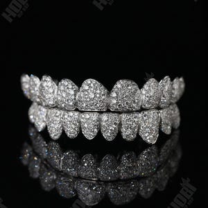 Iced-Out Moissanite Grillz Set - Double Row Pave Grillz 925 Sterling Silver Hip Hop Jewelry Unisex Teeth Grill