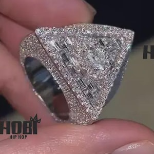 Evil Eye Iced Out Moissanite Ring Hip Hop Ring: 925 Sterling Silver Ring For Men's Rapper Style Ring Pyramid Shape Bling Ring