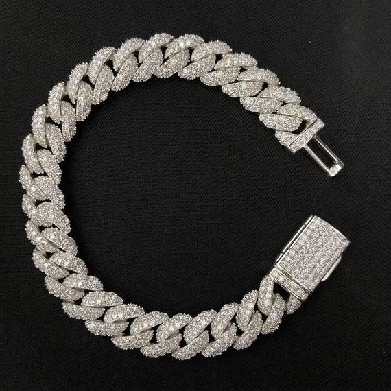 Iced Out Sterling Silver Cuban Link Bracelet: 12MM Moissanite Diamond Hip Hop Jewelry Bracelet for Men's Rapper Style Bling Diamond Bracelet