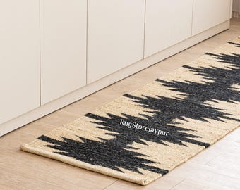9x12 Handmade Beige with Black Jute Runner-Extra Large Jute Rugs Black Jute Runner Kilim Jute Rug, Large Area Hemp Rug for Hallway Rug