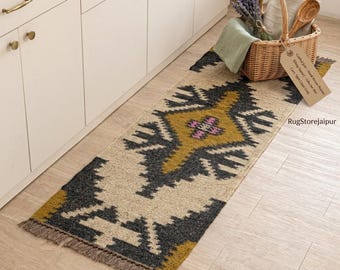 Alfombra Kilim de yute y lana tejida a mano, decoración geométrica azteca