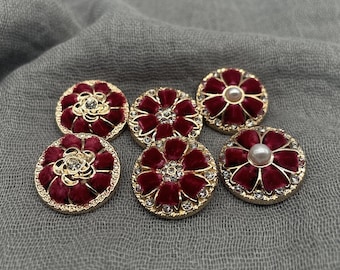 Botones de flores de terciopelo burdeos, botones metálicos con diamantes de imitación de perla rojo vino de 20 mm, botones dorados de lujo para chaqueta de tweed, abrigo y traje.