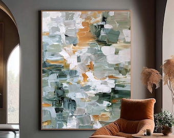 Arte astratta da parete verde salvia e beige, minimalista, neutra, con texture, su tela, tonalità terrose, arte moderna 3D realizzata con spatola per la camera da letto.