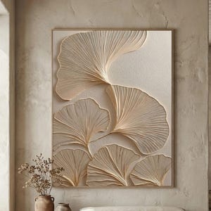 Art mural texturé minimaliste en forme de feuille de ginkgo, peinture à empâtements 3D Wabi-Sabi, beige neutre, décoration abstraite moderne pour salons et chambres à coucher