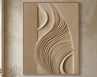 Pintura al óleo abstracta contemporánea en tonos beige y crema con textura ondulada. Arte mural minimalista sobre lienzo hecho a mano. Decoración moderna para el hogar en la sala de estar.