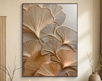 Strukturiertes Ginkgo-Blatt-Ölgemälde Beige Abstraktes 3D-Relief Moderne Wohnkultur für Wohnzimmer Schlafzimmer