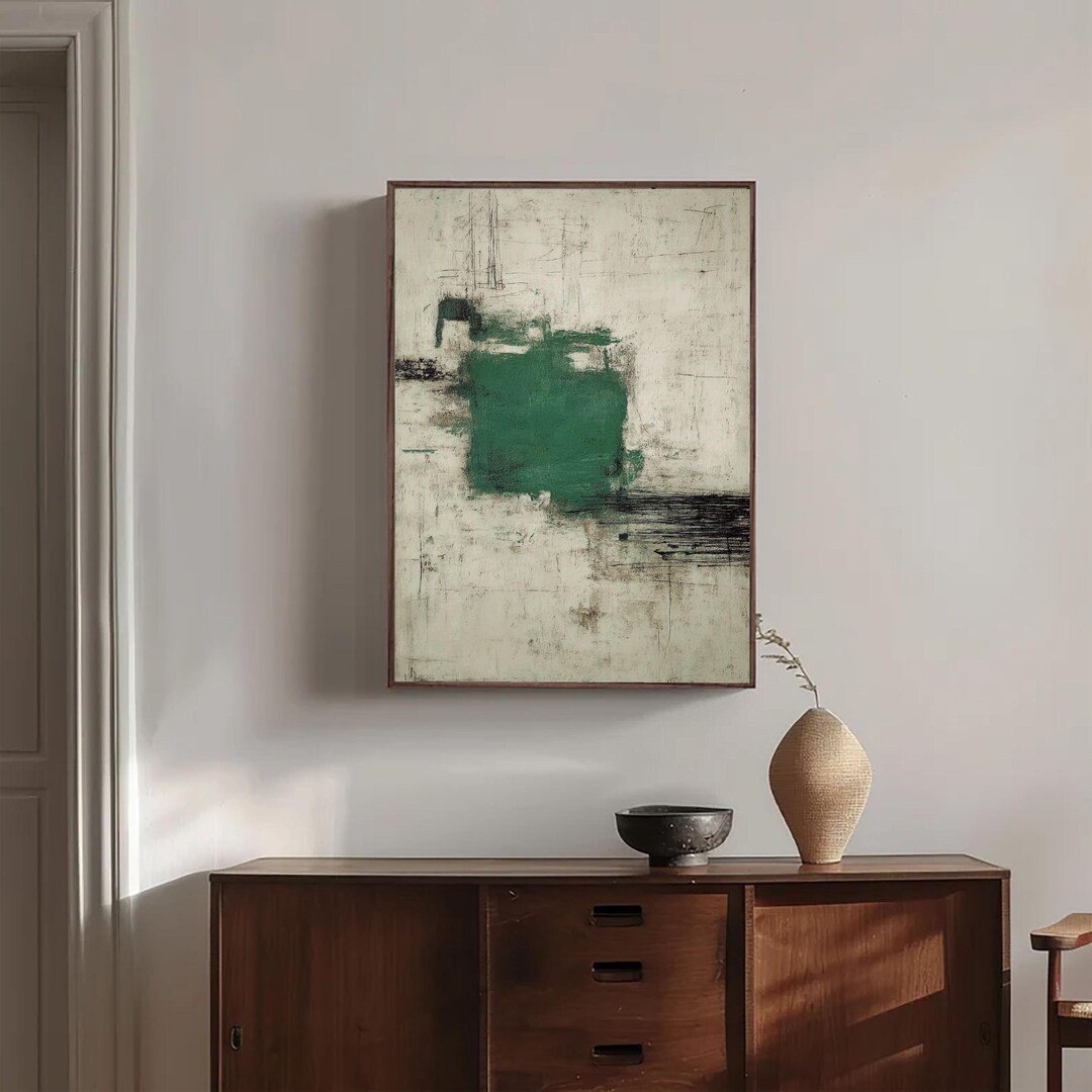 Textured Green Abstract Oil Painting | Neutral Minimalist Wall Art ...