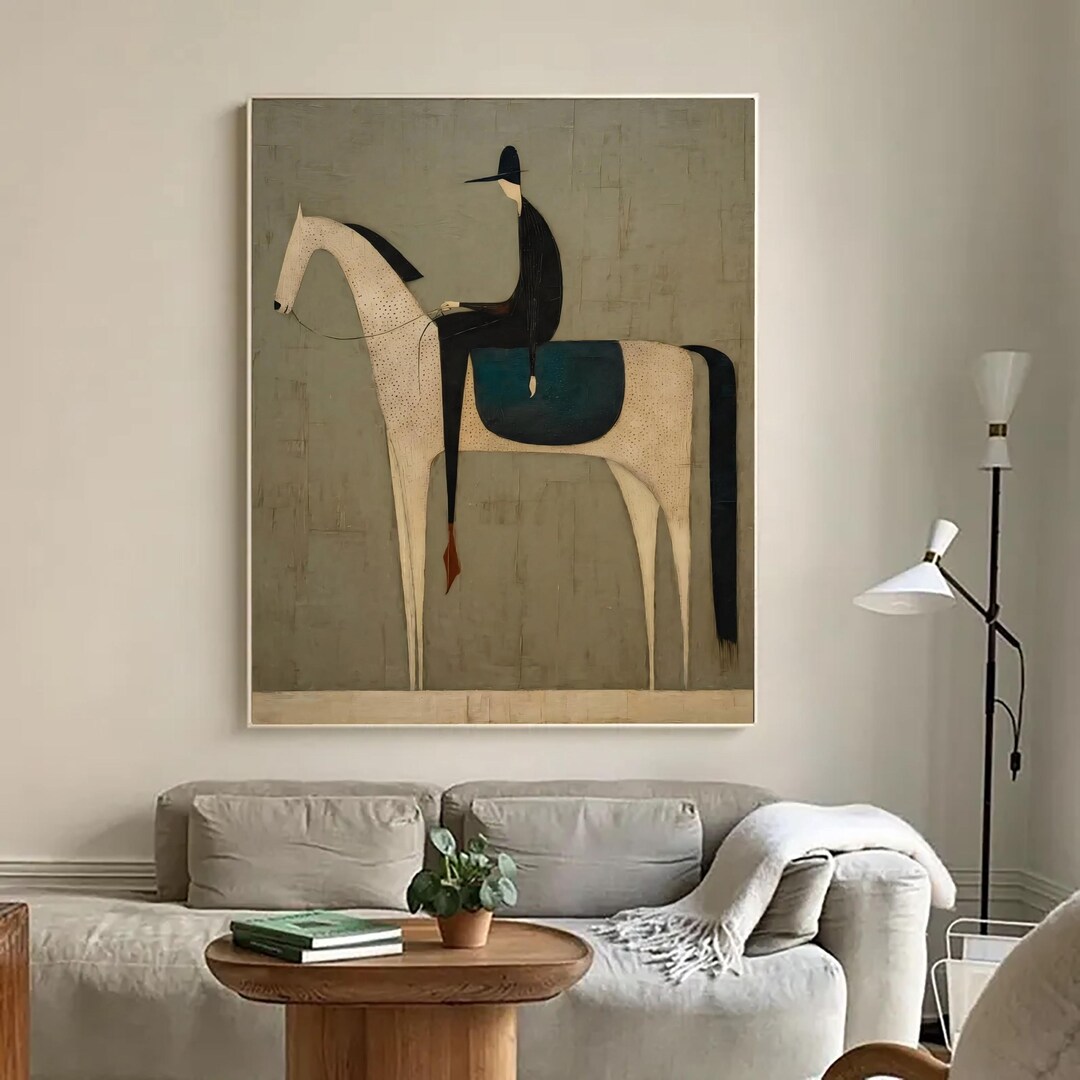 Equestrian Oil Painting Minimalist Horse Rider Art Mid-century Modern ...