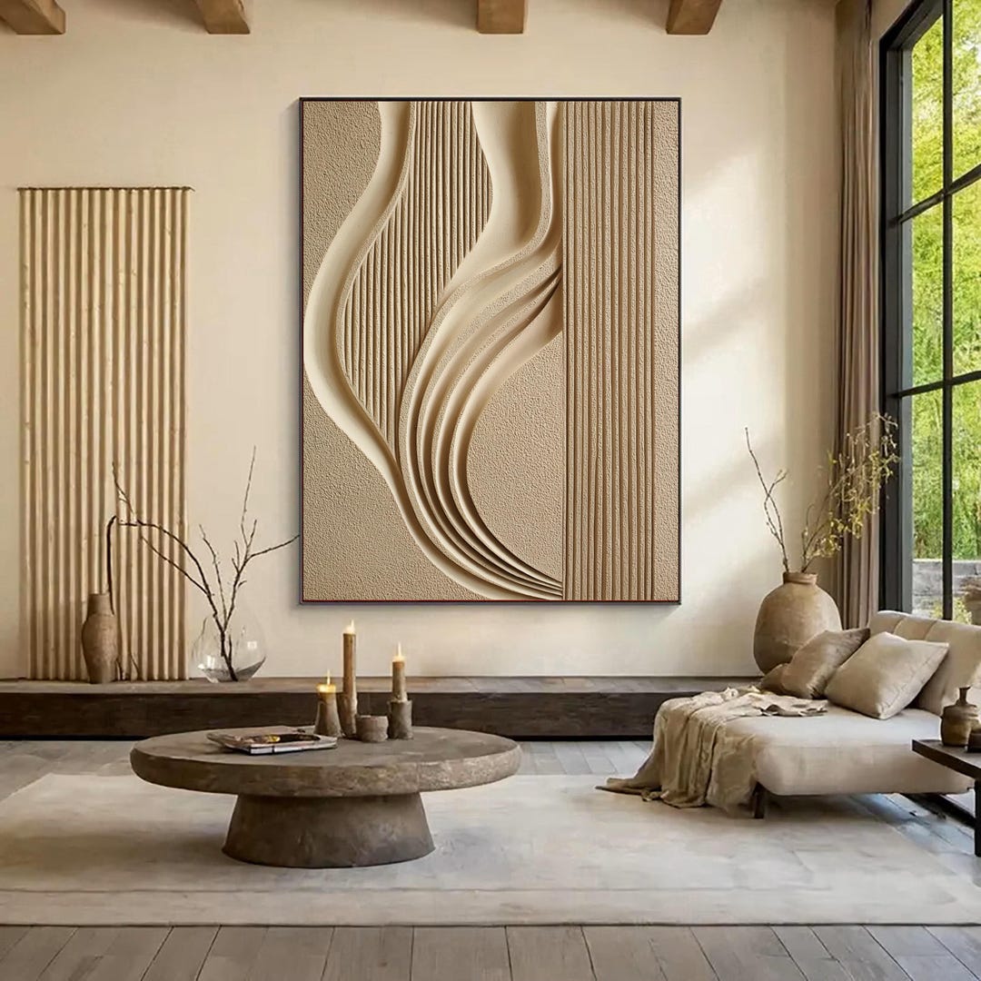3D Beige Abstract Textured Wall Art Minimalist Neutral Oil Painting ...