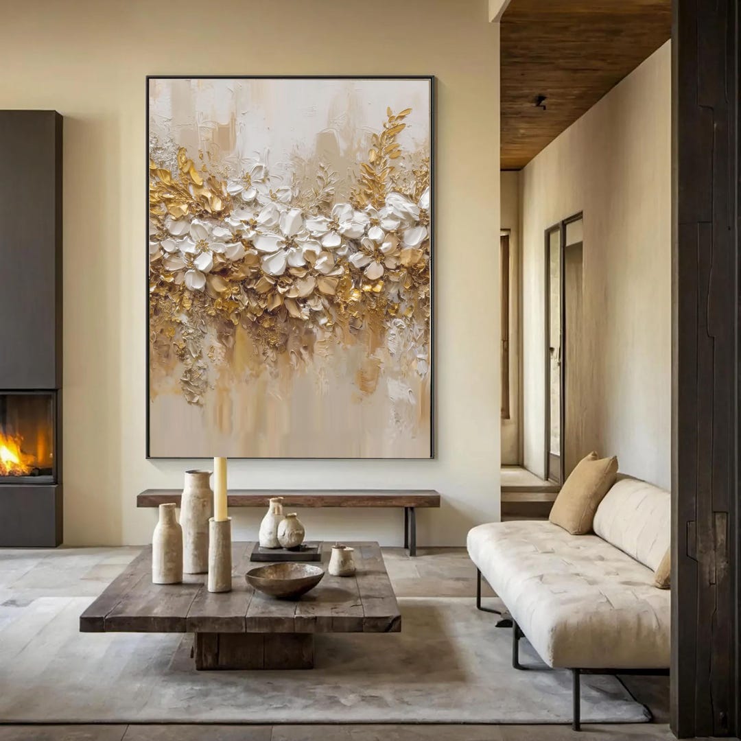 Textured White & Gold Floral Painting 3D Impasto Flower Wall Art Modern ...