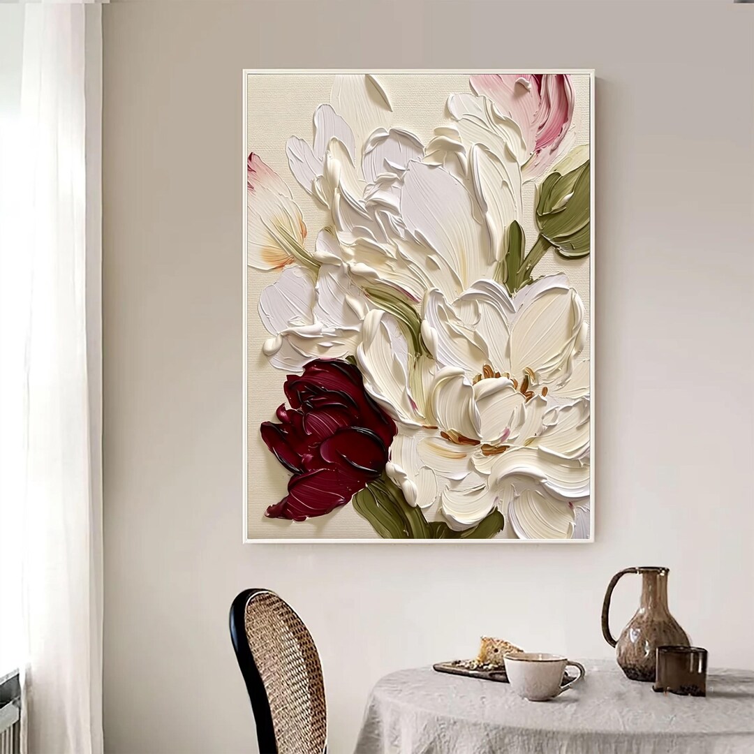 Textured White Peony Oil Painting Impasto Floral Wall Art Modern Home ...