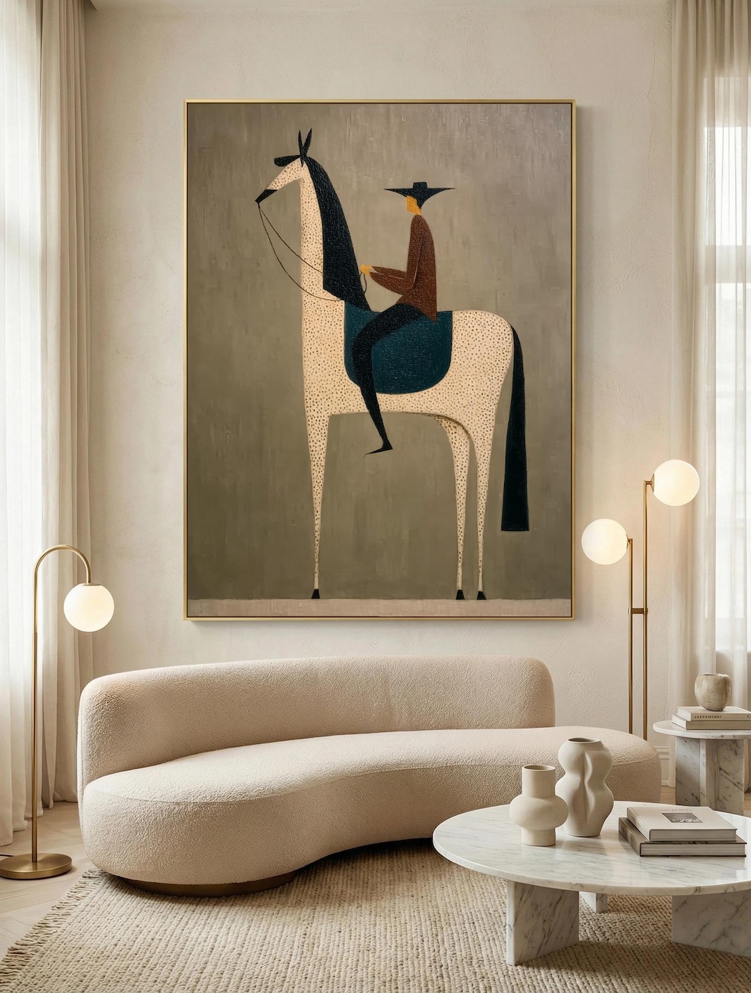 Hand Painted Wabi Sabi Horse Oil Art Minimalist Cowboy Rider Wall ...
