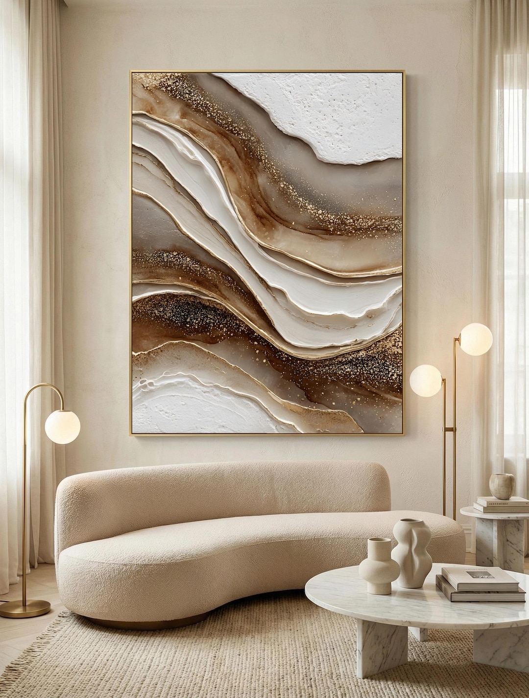 Minimalist Neutral Abstract Texture Canvas Art Beige Brown White Gold ...