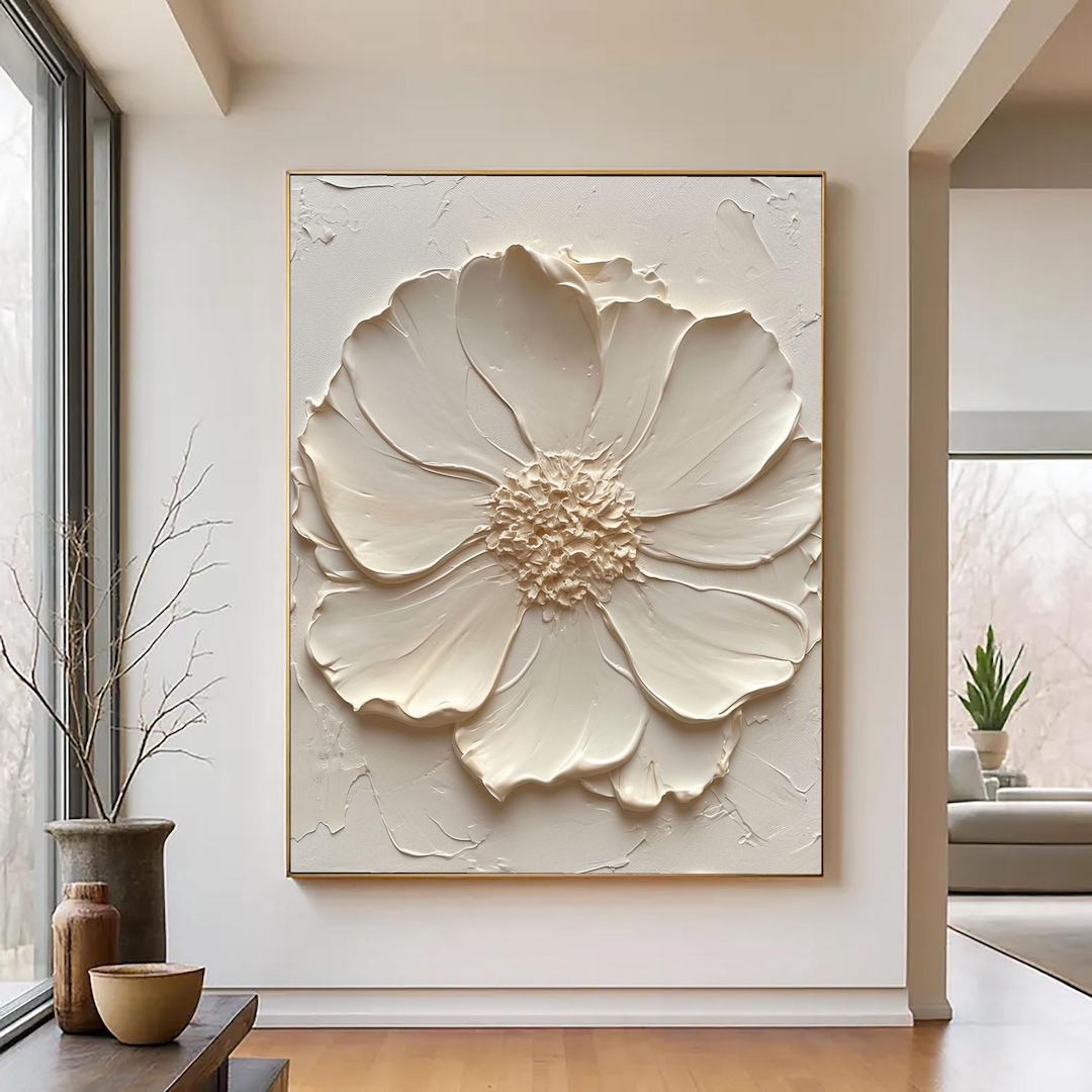 3D Textured Flower Wall Art Cream Neutral Canvas Minimalist Floral ...