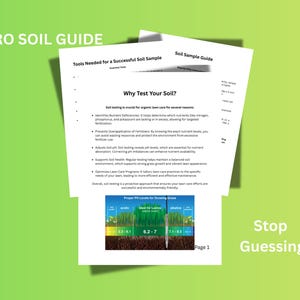 以下が含まれることがあります： 「Pro Soil Guide」というタイトルのガイドで、テキストと画像が緑色のグラデーションの背景にあります。ガイドには土壌検査に関する情報が含まれており、「Why Test Your Soil?」と「Stop Guessing」というテキストが含まれています。