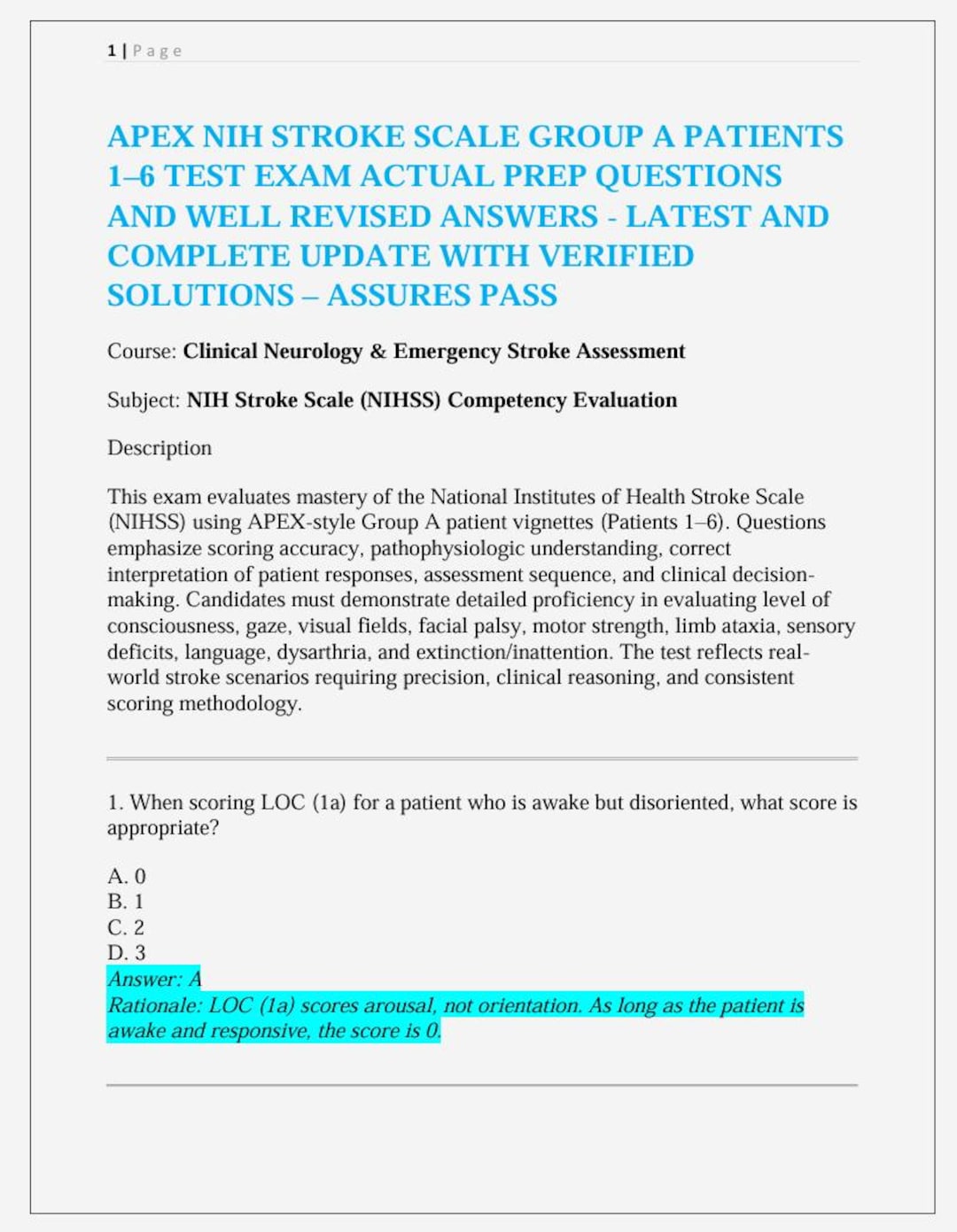 APEX NIH Stroke Scale – Group B Patients 1–6 (complete) – Questions and ...