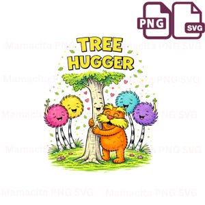May include: A colorful illustration featuring a cartoon character hugging a tree, with the text "TREE HUGGER" above. The image includes smiling, fluffy creatures and hearts, set against a green grassy background.
