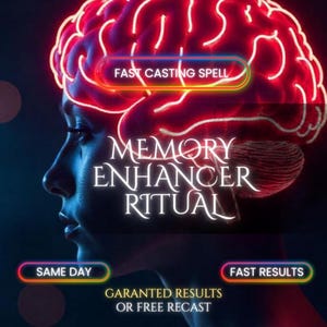May include: A digital illustration features a glowing red brain with the words "FAST CASTING SPELL" and "MEMORY ENHANCER RITUAL." Additional text includes "SAME DAY" and "FAST RESULTS." The image has a dark blue and purple background.