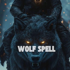May include: A digital illustration of a black wolf with glowing orange eyes. The wolf is the central focus, with the text "WOLF SPELL" in white across the bottom. The image has a dark, fantasy theme.