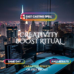 Puede incluir: Una vista nocturna de la ciudad con el Empire State Building de fondo, frente a una configuración de computadora. El texto de la imagen dice: "FAST CASTING SPELL", "CREATIVITY BOOST RITUAL", "SAME DAY", "FAST RESULTS" y "GARANTED RESULTS OR FREE RECAST".