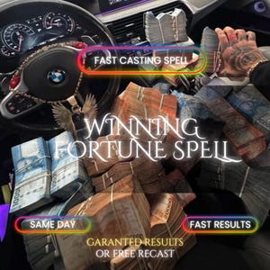 Könnte beinhalten: Bild mit Geldbündeln in verschiedenen Farben in einem Auto. Textüberlagerungen zeigen "FAST CASTING SPELL", "WINNING FORTUNE SPELL", "SAME DAY" und "FAST RESULTS". Das Bild suggeriert ein Thema von Reichtum und Glück.