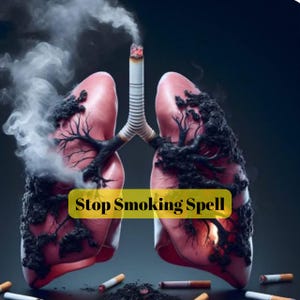 Peut inclure: Illustration des poumons humains avec une cigarette allumée à la place de la trachée. Les poumons sont entourés de fumée et semblent endommagés. Le texte "Stop Smoking Spell" est affiché sur une bannière jaune.