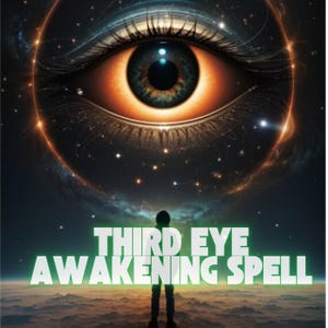 May include: Digital artwork depicting a large eye with an orange iris and a dark blue pupil, set against a starry galaxy background. The text "THIRD EYE AWAKENING SPELL" is displayed in green neon letters below the eye, with a silhouette of a person standing on a landscape.