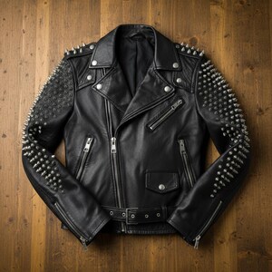 Könnte beinhalten: Schwarze Lederjacke mit silbernen Metallspitzen auf Schultern und Ärmeln. Die Jacke hat einen klassischen Biker-Stil mit Reverskragen, asymmetrischem Reißverschluss und Gürtel. Mehrere Reißverschlusstaschen sind ebenfalls vorhanden.