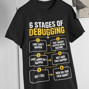 以下が含まれることがあります： 黄色と白の文字で「6 STAGES OF DEBUGGING」と書かれた黒の半袖Tシャツ。グラフィックには、「THAT CAN'T HAPPEN」、「THAT DOESN'T HAPPEN ON MY MACHINE」、「OH I SEE」などのステップを含む番号付きのフローチャートが表示されています。