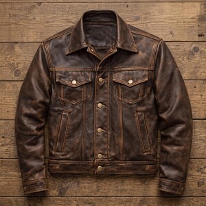 May include: A brown leather jacket with a classic design. The jacket features a collared neckline, two chest pockets, and two side pockets. It has a button-up front and buttoned cuffs. The jacket is made of distressed leather.