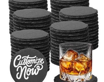 Round Slate Coasters – Custom Engraved Coaster Set, Personalized Drink Coasters, Wedding Gift, Housewarming Gift, Logo Coasters