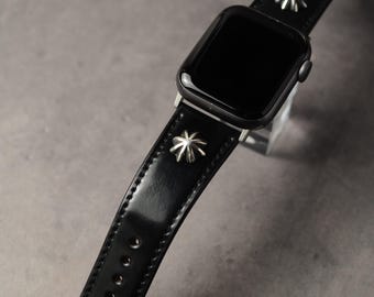 HORWEEN Shell Cordovan Apple Watch Band, Sterling Silver Concho, Handmade by Japanese Artisan, Made in Japan, All Series Ultra Fit