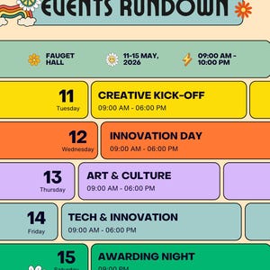 Puede incluir: Un colorido programa de eventos para el "FAUGET FESTIVAL EVENTS RUNDOWN" con un diseño retro. El programa, con fechas del 11 al 15 de mayo de 2026, enumera eventos como "CREATIVE KICK-OFF", "INNOVATION DAY", "ART & CULTURE", "TECH & INNOVATION" y "AWARDING NIGHT".