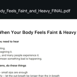 Könnte beinhalten: Ein digitales Dokument mit dem Titel "When Your Body Feels Faint & Heavy" auf einem Tablet-Bildschirm. Der Text des Dokuments enthält Ratschläge, was bei Ohnmachtsgefühl zu tun ist, wie z. B. Wasser trinken und langsam atmen. Das Dokument ist weiß mit schwarzem Text.