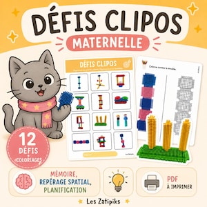 Pode incluir: Conjunto de jogos educativos com o texto "DÉFIS CLIPOS MATERNELLE". O conjunto inclui um gato cinzento de desenho animado, cartões de desafio e blocos de construção coloridos. Promove a memória, a consciência espacial e o planeamento.
