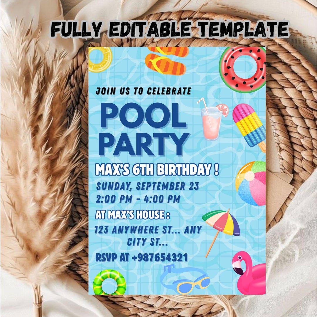 Editable Pool Party Invitation Template: Canva PDF Download - Etsy