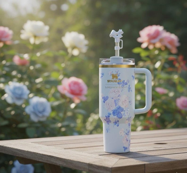 May include: A light blue insulated travel mug with a handle, decorated with a floral design in blue and pink. It features a straw and a lid. The mug is on a wooden table, with a garden in the background.
