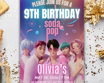 Convite Kpop Demon Hunters, convite de aniversário para imprimir dos Saja Boys (download digital)