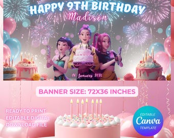 Banner de aniversário de caçador de demônios Kpop, modelo editável do Canva (download digital)