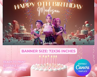 Banner de aniversário de caçador de demônios Kpop, decoração de festa editável em Canva (download digital, 72 x 36 polegadas)