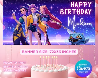 Banner de aniversário Kpop Demon Hunter Huntrix, modelo editável para decoração de festa de anime Kpop no Canva (download digital)