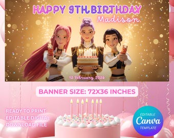Banner de aniversário de caçador de demônios Kpop, modelo editável do Canva (download digital)